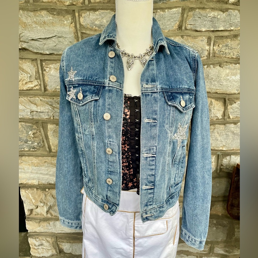 Flying Angel x Nordstrom Classic Denim Jean Jacket Glitter Star Detail Boho EUC